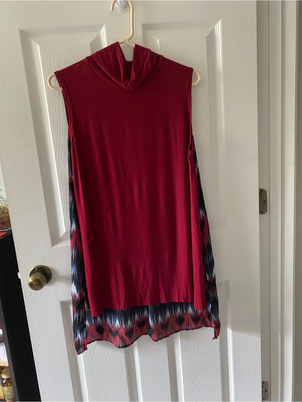 Red cotton front / black patterned chiffon back sleeveless blouse